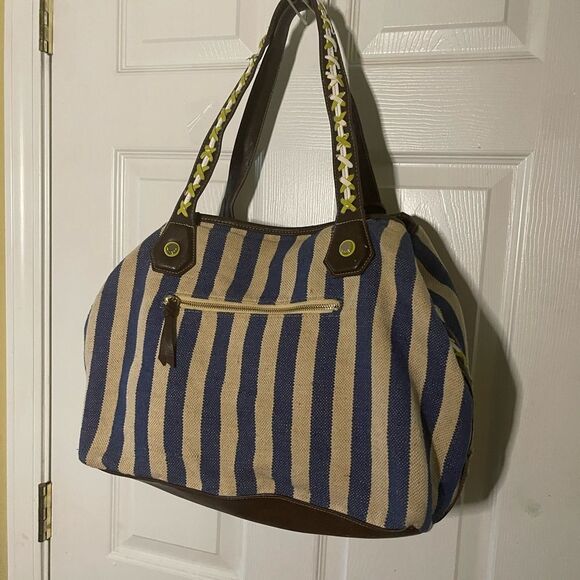 Big Buddha navy Blue &Beige stripes Fabric Large Tote Bag synthetic brown straps - Picture 2 of 16